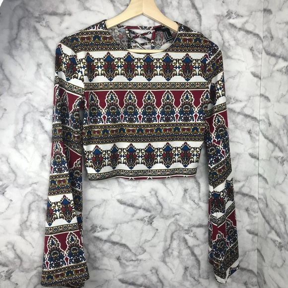 Gypsy Boho Print Bell Sleeve Crop Top - Picture 7 of 8